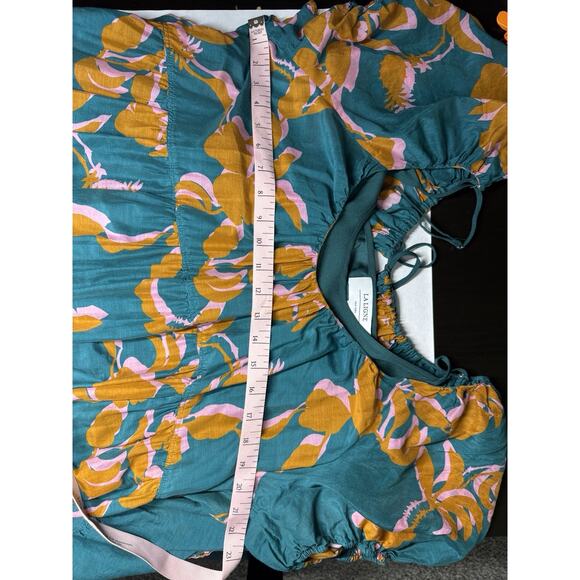 La Ligne New York Tiered Floral Maxi Dress XL Teal Cotton Silk Blend Puff Sleeve - Picture 4 of 7